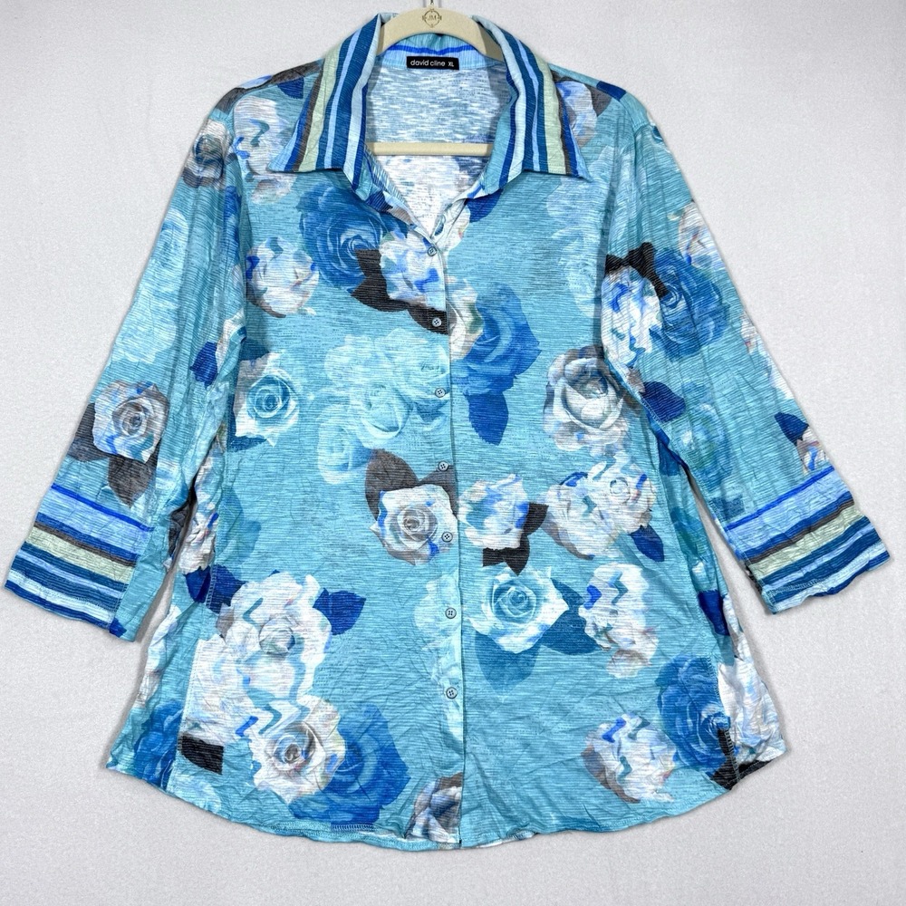 David Cline Top Womens XL Rose Floral Snap Front Blouse Artsy 3/4 Sleeve USA